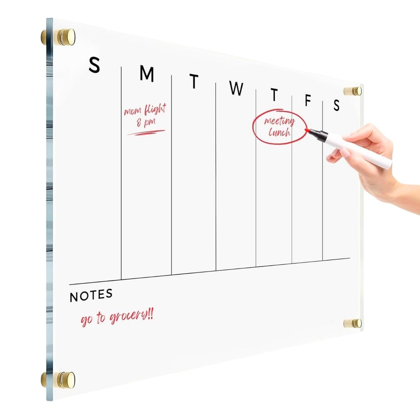 Weekly Premium Large Glass Calendar - Reusable Board for Office and Home - Dry Erase Board - Acrylic Wall Calendar w Marker (Black Standoff, 24"x18" (Regular))