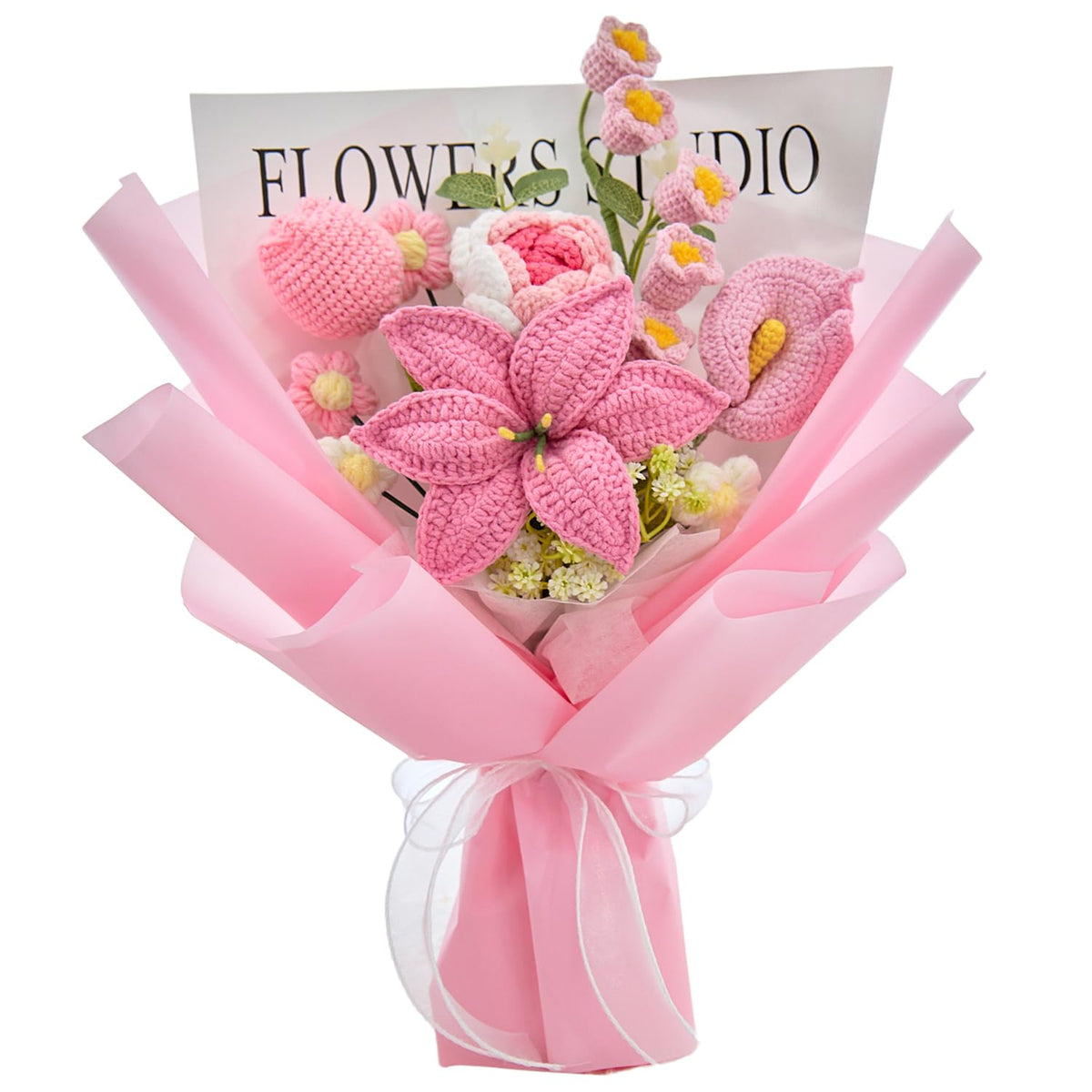 Crochet Flower Bouquet of Pink Lilies, Tulips, Roses, Lily of Valley | Flowers Gifts for Girlfriend,Mom,Granny,Graduation, Anniversary, Birthday Gifts, Christian Gifts