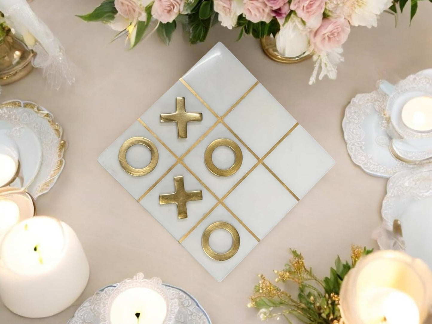 Varenthe HOME Tic Tac Toe Marble Game Board Classic Coffee Table Decor Modern Marble Travel Game for Family, White & Gold