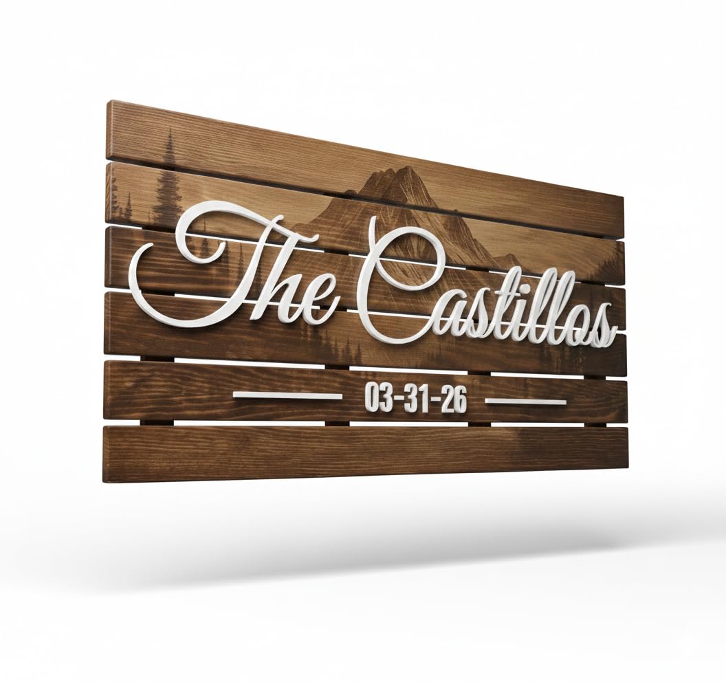 Custom Mountain Family Name Sign - Rustic Wood Wall Decor, Personalized Wedding & Gift for Couples Anniversary, Housewarming Gift for New Home 23x10" (Standard Size)