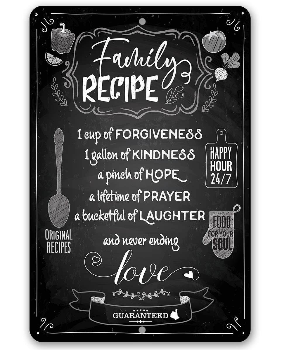 Family Recipe Metal Sign - Food for Your Soul - Modern Home Wall Decor, Kitchen and Dining Room Hanging Plaque, Cute Housewarming Gifts, 8x12 Inch Indoor Outdoor Chalkboard Style Display