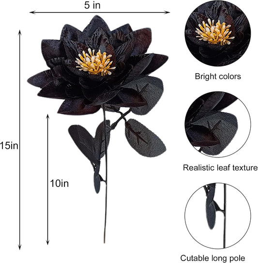 10 Artificial Flowers for Outdoor Decorations Realistic Black Lotus Flowers (Black)