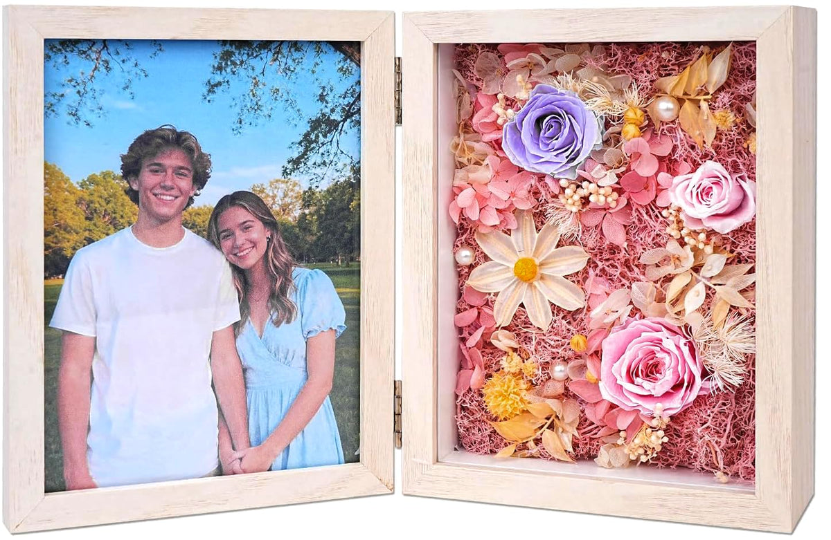 5x7'' Shadow Box Picture Frame Double Photos with Preserved Flowers, Real Floral Deep Wood Shadow Box Display Case Desktop Decor with Glass Front/Card/Gift Box, Gift Box for Family/Valentine’s Day