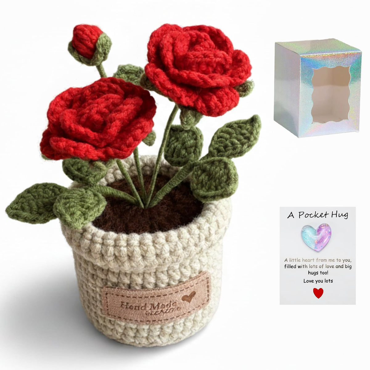 Hand-Made Crochet Red Roses with Pocket Hug Card and Gift Box, Knitted Artificial Flowers for Home Room Table Office Decor and Appreciation Gifts for Family Girlfriend Other Half Mothers Day