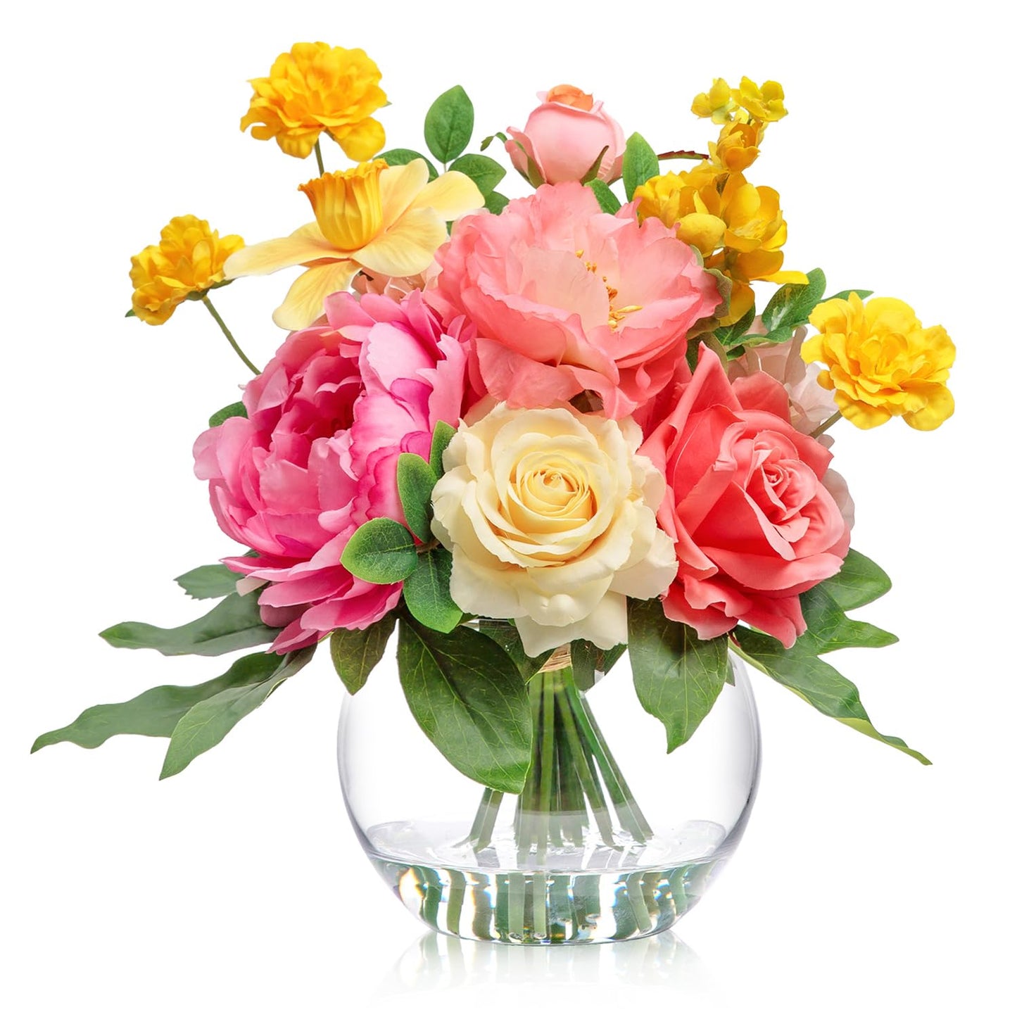 WELL KNOWN Artificial Flowers with Vase, Silk Blue & White Flower Bouquet | Hydrangea Peony in Vase with Faux Water for Home Decor, Fake Tulips Flower Arrangements for Wedding Party Table Centerpieces