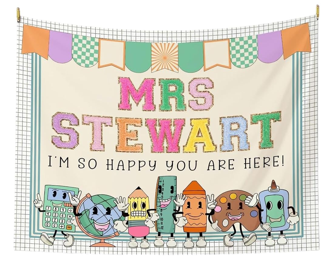 Classroom Tapestry Cute Grid Border Globe Pencil Poster Decor for School Teachers Bulletin Board Banner Composition Notebook Pattern Wall Art for Back to School Teacher Appreciation Classroom Decoration