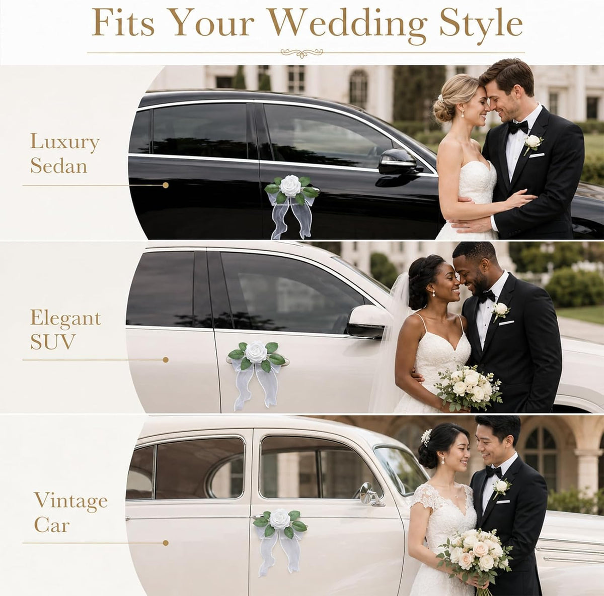 4PCS Artificial Rose Door Handle Flowers Wedding Car Decorations | Just Married Vehicle Decor Kit Flower with Pearl Tulle Bow & Suction Cup, Newlyweds Send Off,Engagement Party Accessories