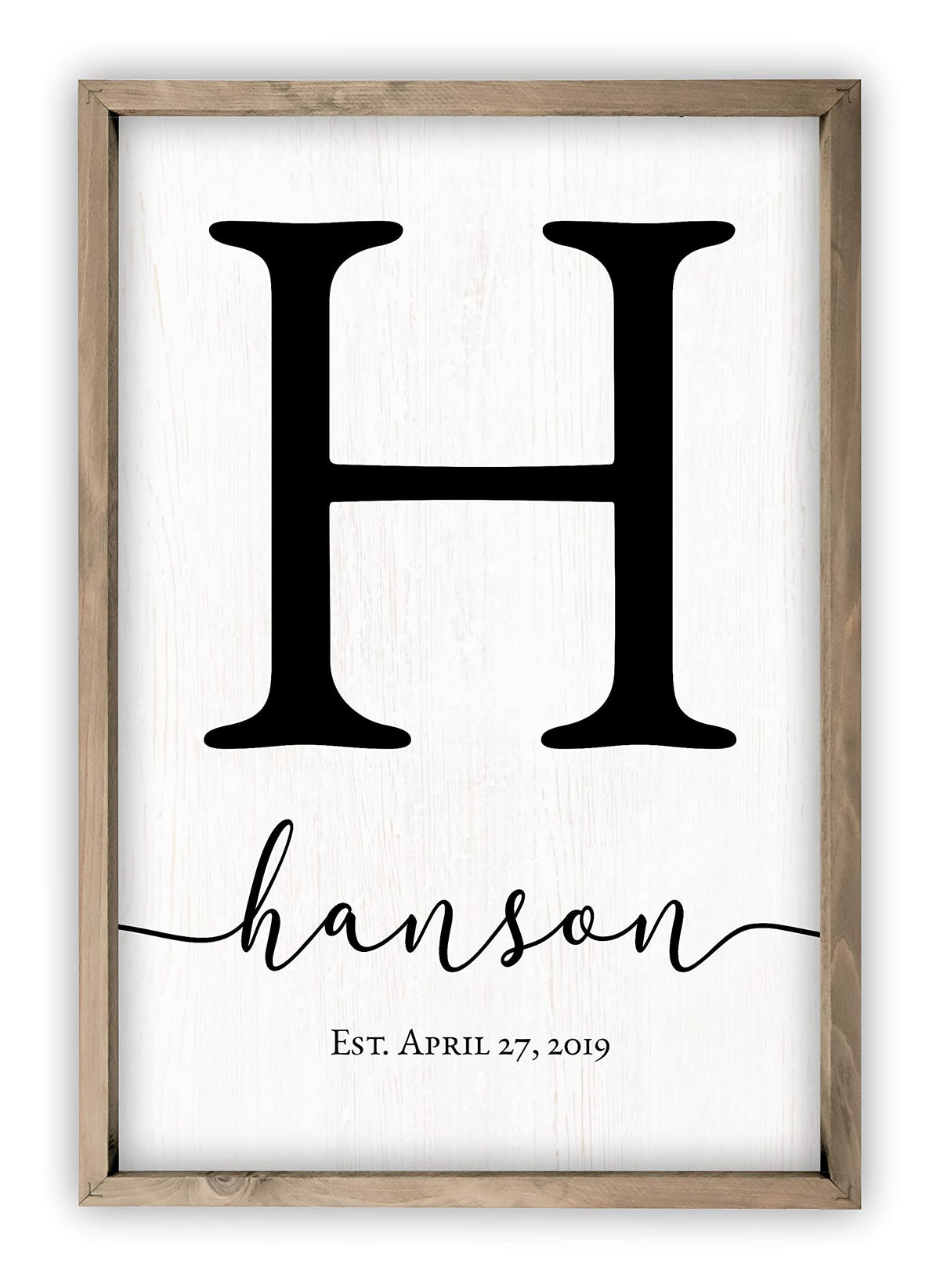 Personalized Monogram Framed Name Sign 12x18 – Custom Wall Decor Grey | solid poplar frame, white background, printed no decals, 4 sizes, add surname, wedding housewarming gift