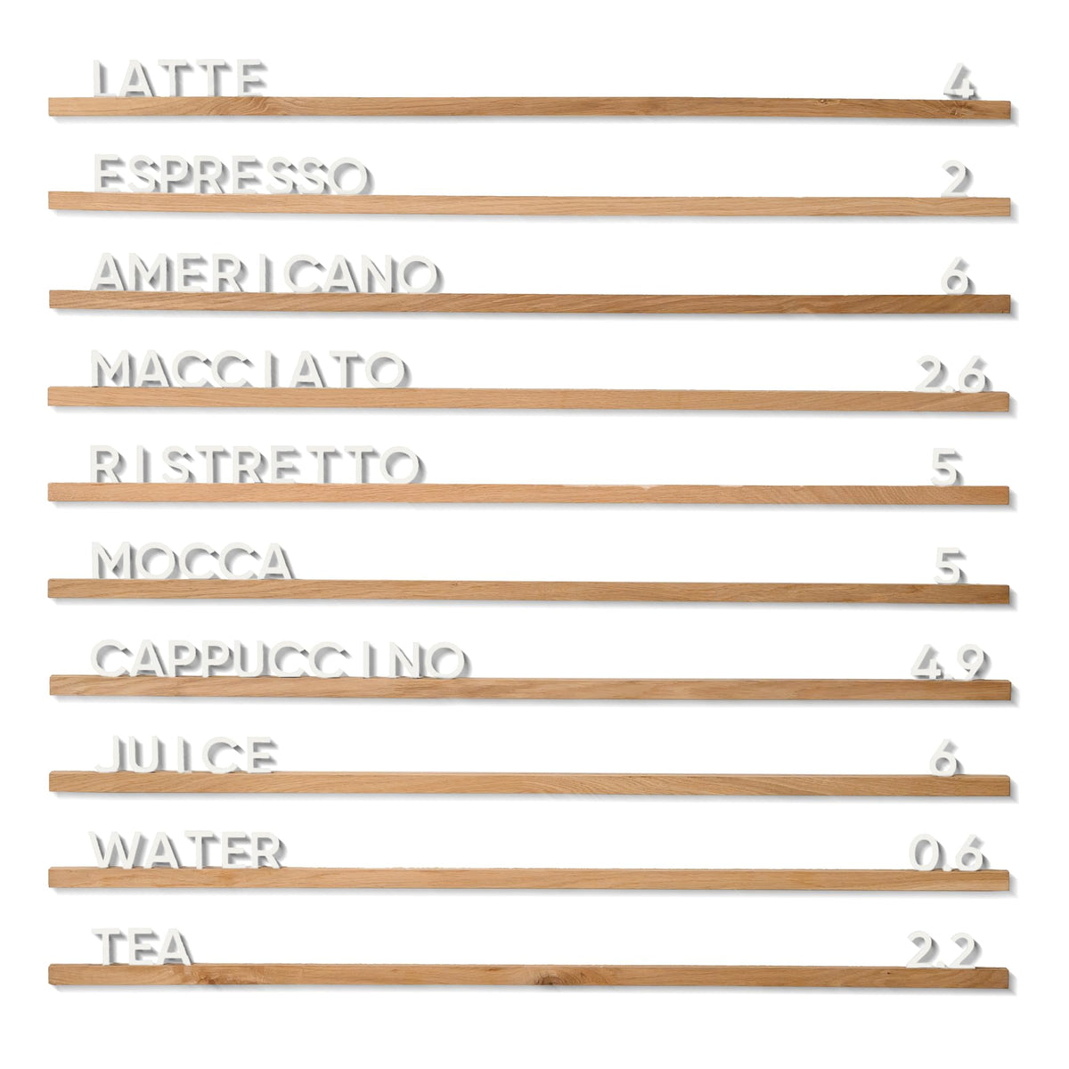 Inko Horeca Wooden Wall Letter Board - Set of 10 Oak Rails + 400 Changeable Black Letters - Floating Wall Menu Display Shelf for Cafe, Bar, Kitchen, and Home Decor