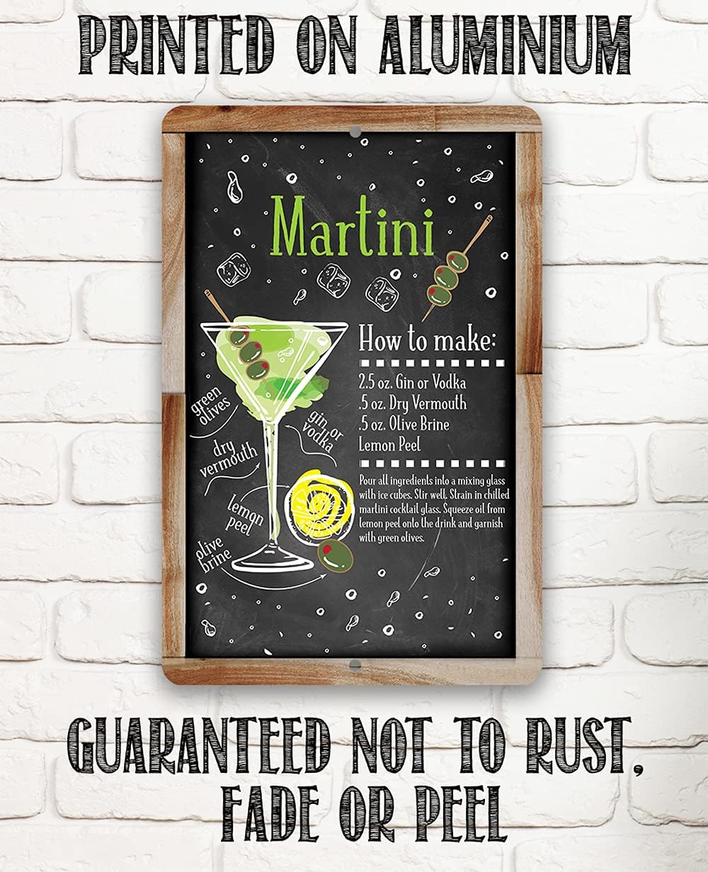 Martini Bar Recipe - Great Cocktail Drink Alcohol Mix Decoration, Home Bar and Shed Decor, Kitchen and Bar Restaurant Display, 8x12 Indoors or Outdoors Durable Chalkboard Wood Framed Style Metal Sign