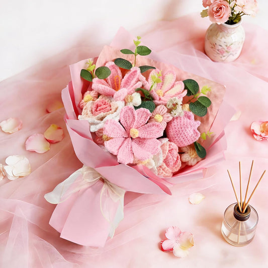 18Pcs Handmade Crochet Flower Bouquet Knitted Yarn Flowers with Bag & Card, Artificial Rose Daisy, Birthday Gifts for Women Mom Wife Girlfriend Sister Best Friend Pink