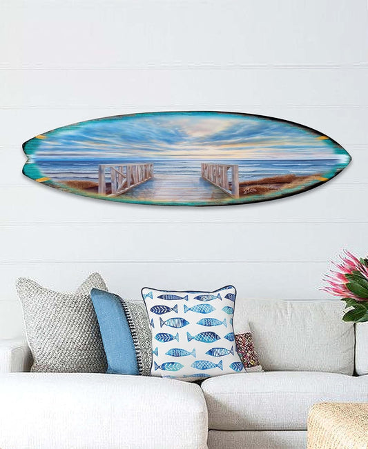 36-inch Wooden Pier Surfboard Wall Art, Handcrafted Coastal Holiday Décor by G. Debrekht
