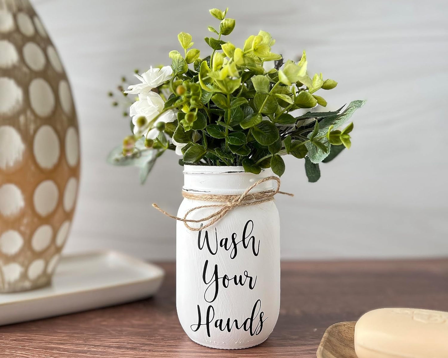 Wash Your Hands Mason Jar, Hand Painted and Distressed Mason Jar Decor, Pint 16 oz. Regular Mouth, Artificial Flower Arrangement for Bathroom, Rustic Farmhouse Bathroom Decor for Shelf