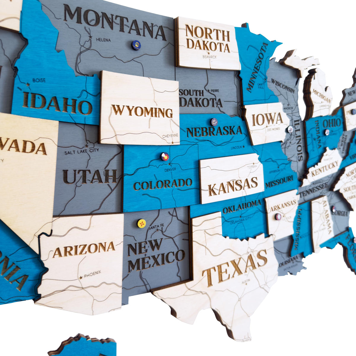Wooden USA Map Visited Places - Wood United States Map with Push Pins - 3D US States Travel Tracker Wall Art Decor - Wooden America Atlas - New Home Gift (Nature)