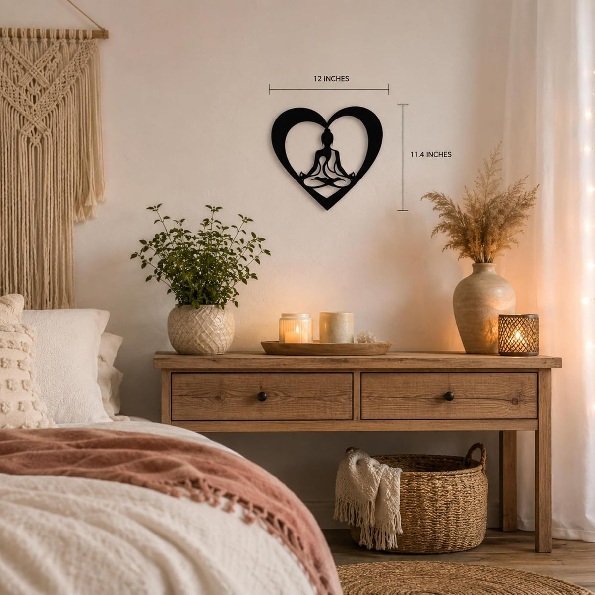 Meditation Heart Metal Wall Art, Yoga Room Decor, 12 x 11.4 Inch | Smooth matte black powder-coated finish gives a clean modern look for minimalist and boho spaces.