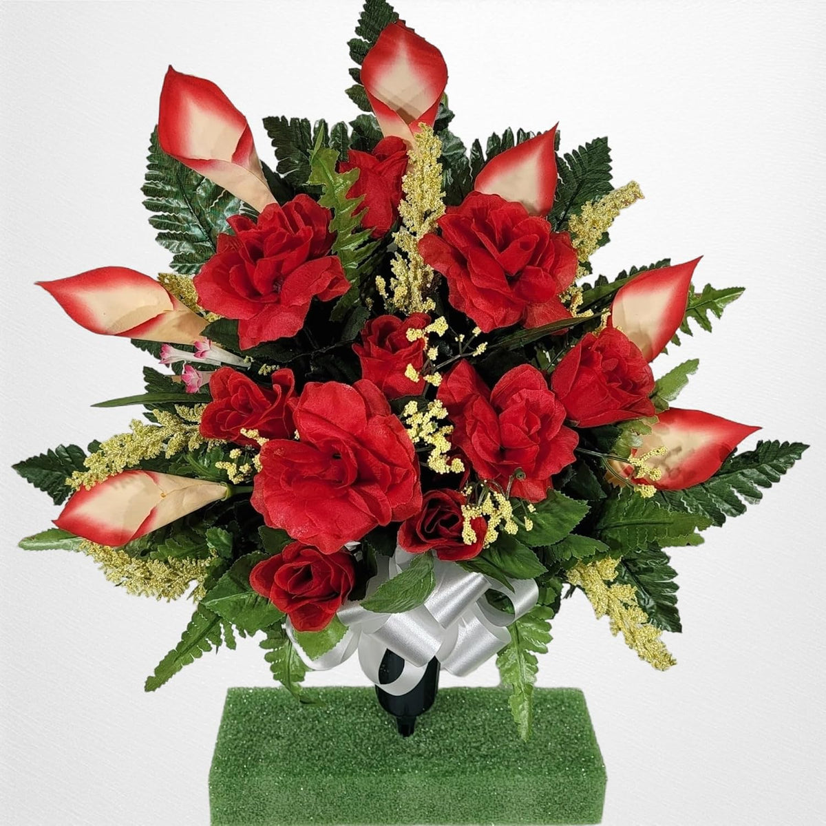 Realistic Artificial Cemetery Flowers - Silk Faux Floral Red Rose and Calla Lily Bouquet for Grave - Headstone Decoration - Memorial Flowers