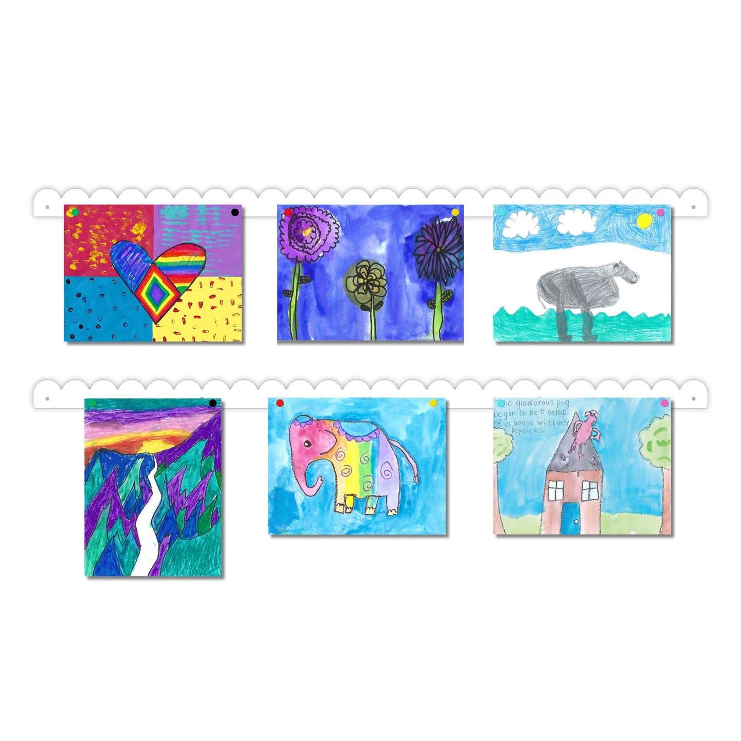 Scalloped Magnetic Art Display for Kids Artwork & Photos (Set of 2) – Kids Artwork Display for Wall – Magnetic Photo Display Strips with Push-Pin Magnets (White, 35in)