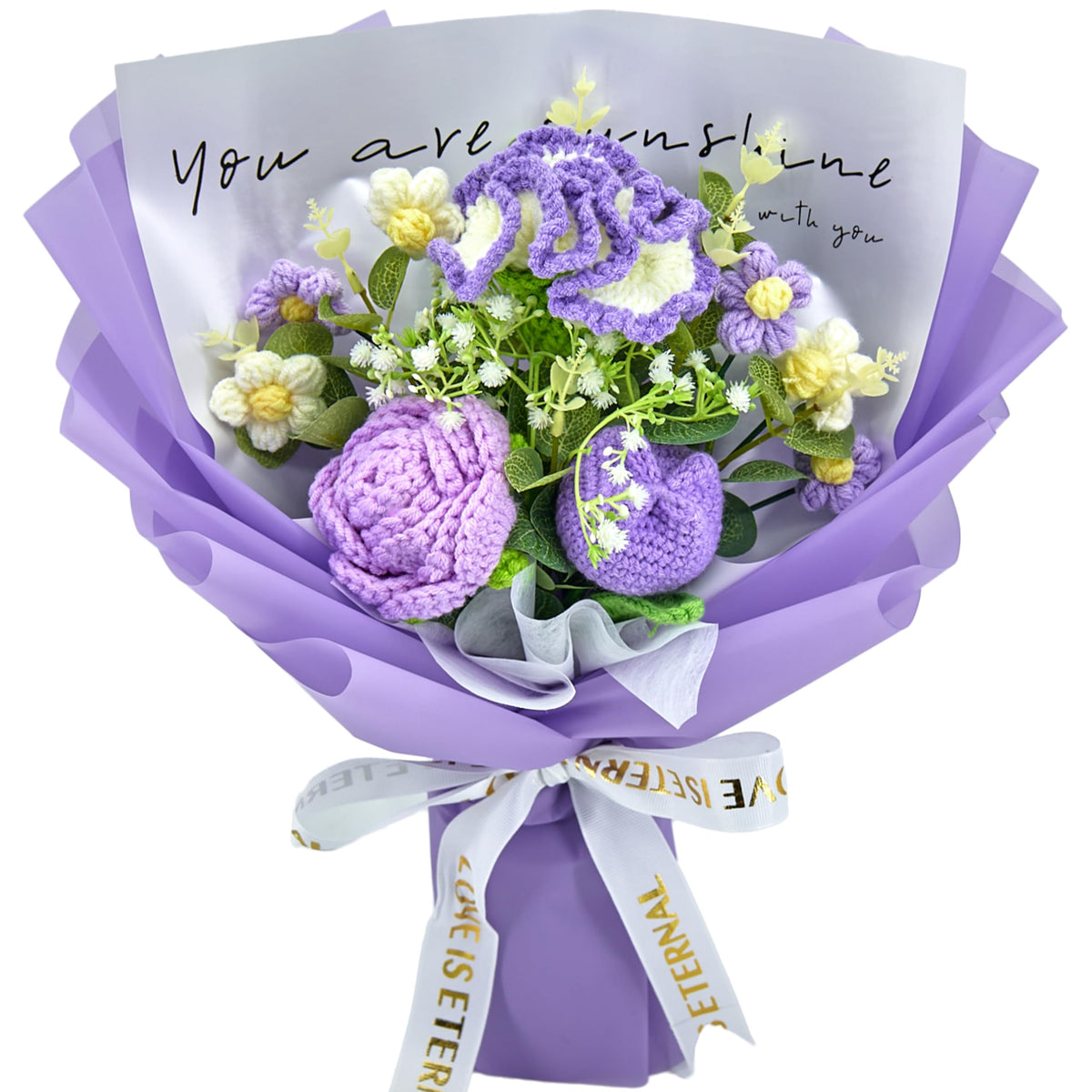 Crochet Flowers, Crochet Flower Bouquet with Purple Rose, Tulips, Carnation,Forever Flowers Gift for Mom, Mother’s Day Birthday Graduation Gift,Include Card