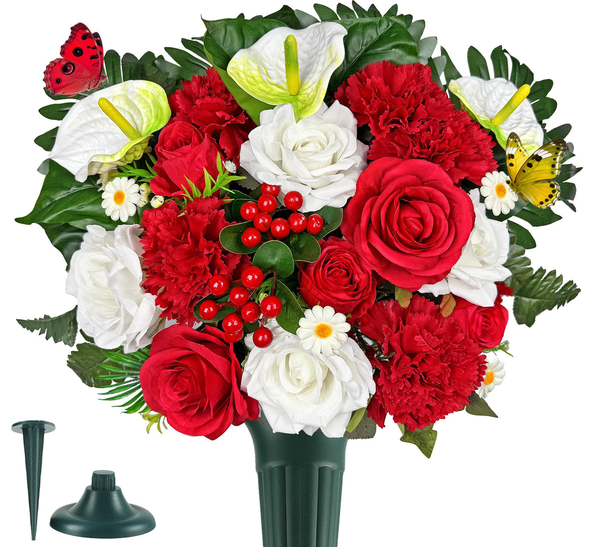 Artificial Cemetery Flowers for Grave,Memorial Flowers Bouquet with Vase for Headstones Decoration,Bright and Vibrant Sunflower Rose Daisy