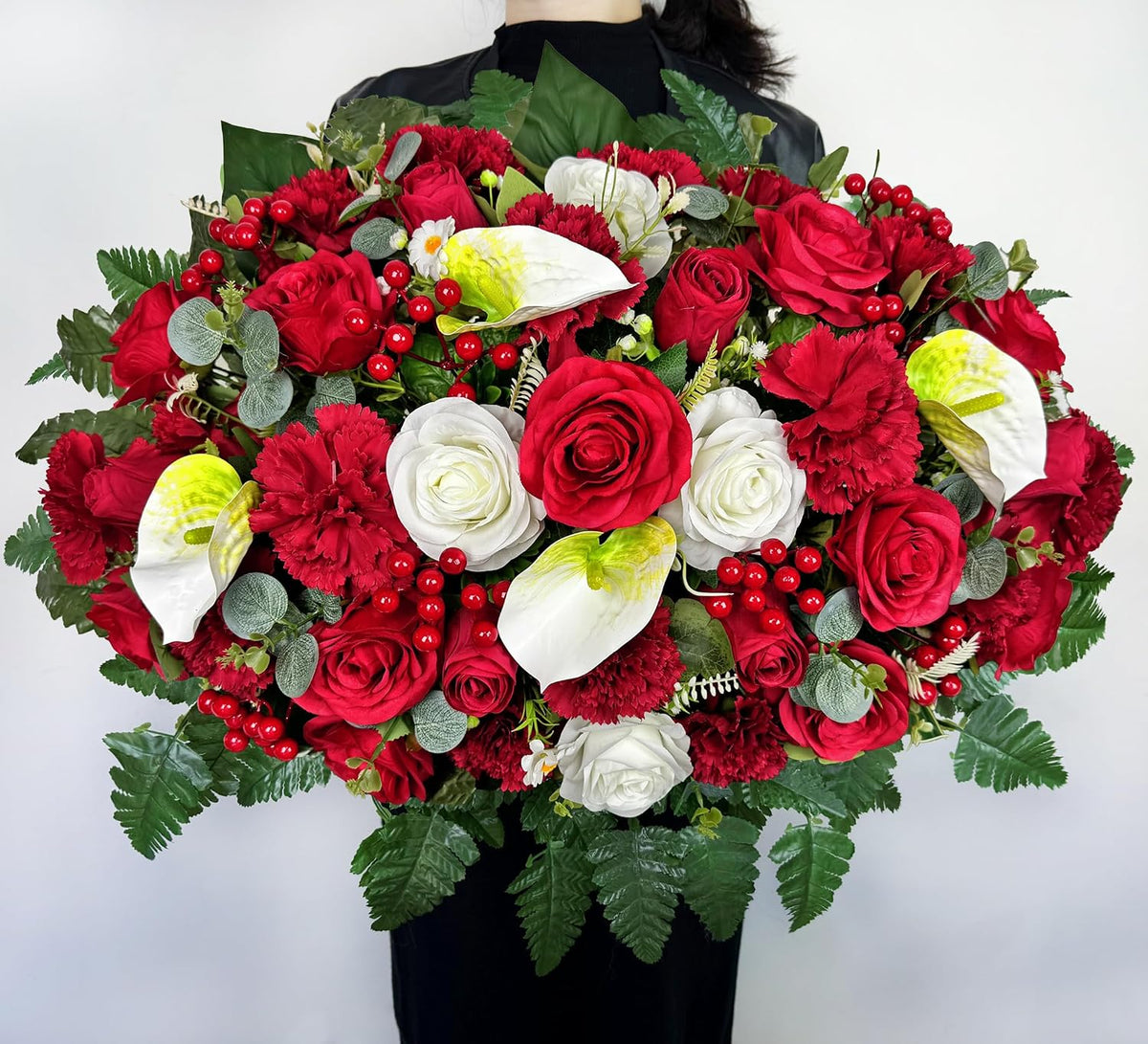 Artificial Cemetery Flowers - Headstone Flower Saddle - Outdoor Grave Decorations - Realistic Red Rose Carnation Mix Bouqet with 2 Lovely Butterflies