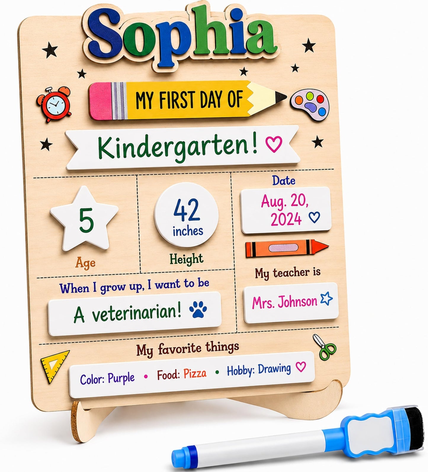 Personalized School Milestone Board, First & Last Day of School Sign with Custom Wooden Name, Reusable Dry Erase Board for Preschool, Kindergarten, Elementary Kids, 8x10/10x12 (D20)