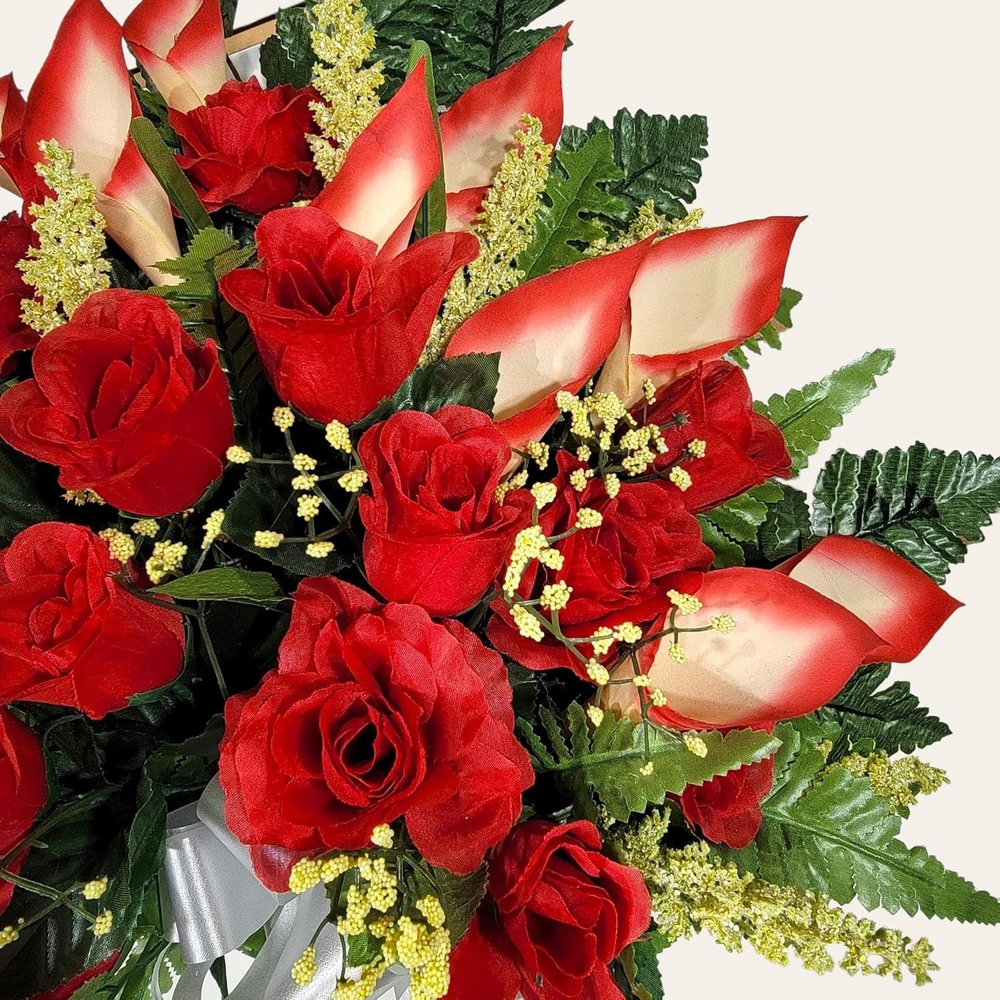 Realistic Artificial Cemetery Flowers - Jumbo Silk Faux Floral Red Rose and Calla Lily Bouquet for Grave - 1 Large Headstone Decoration - Memorial Flowers