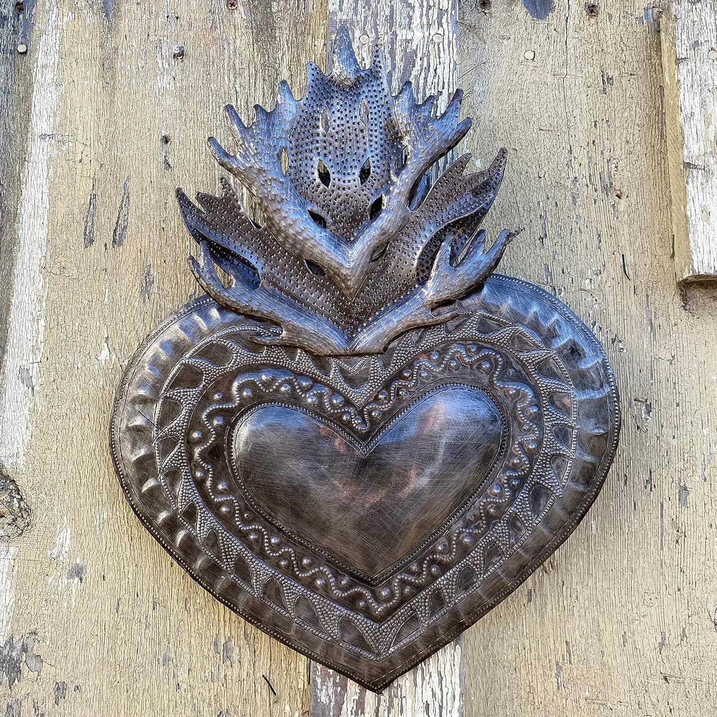 Handmade Flaming Heart Metal Wall Hanging Erzulie Design Haitian Metal Art 13 x 16.5 Inches Cultural Folk Art Wall Décor Recycled Steel, Sacred, Love and Friendship