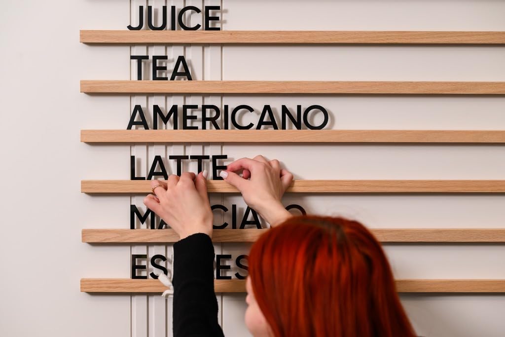 Inko Horeca Wooden Wall Letter Board - Set of 10 Oak Rails + 400 Changeable Black Letters - Floating Wall Menu Display Shelf for Cafe, Bar, Kitchen, and Home Decor