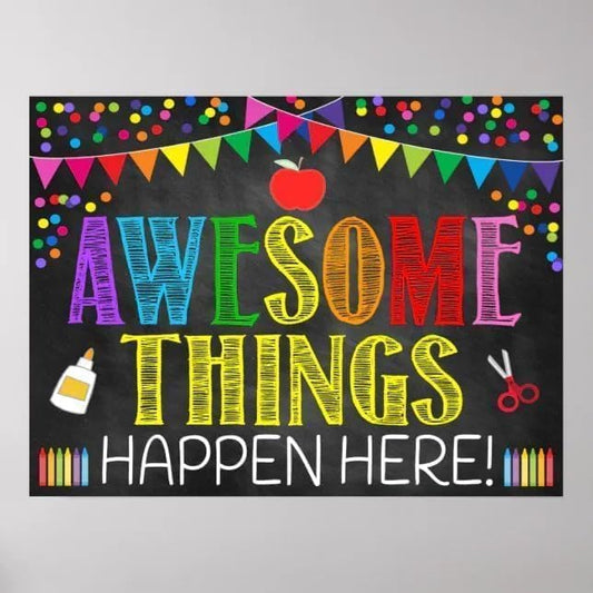 Awesome Things Happen Here Wall Art – Colorful Motivational Reading Poster Sign for Classroom Decor, School Library, Bulletin Board, Teacher Literacy Display, Educational Quote Landscape Print