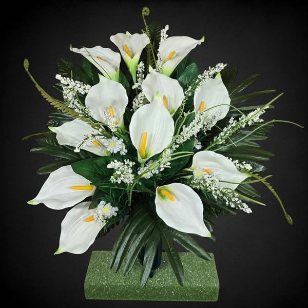 Realistic Artificial Cemetery Flowers - Jumbo Silk Faux Floral Cream Calla Lily Bouquet for Grave with white filler - 1 Large Headstone Decoration - Memorial Flowers