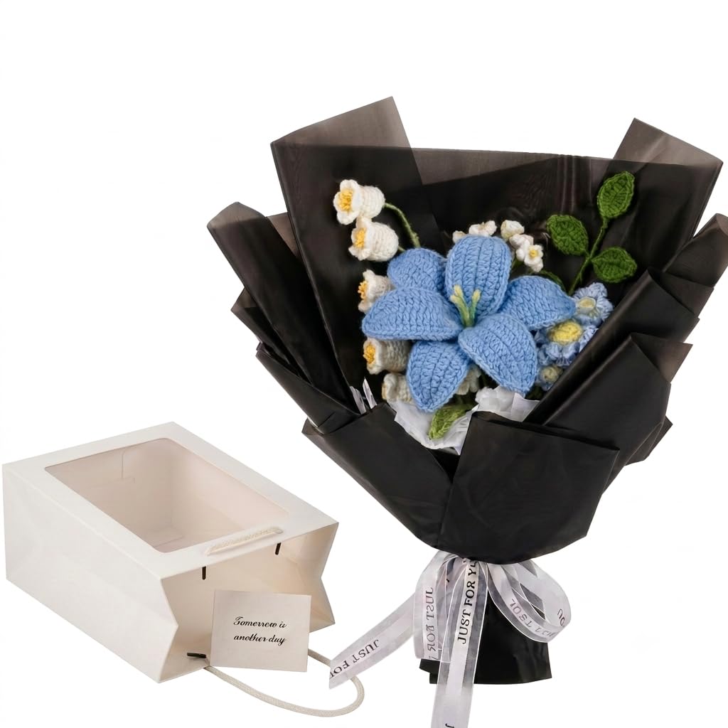 Handmade Crochet Tulip Bouquet – Pollen with Gift Box | Artificial Flowers with 6 hand-knitted flowers, 11-inch trimmable length fits any vase, pollen-free, ready-to-gift packaging.