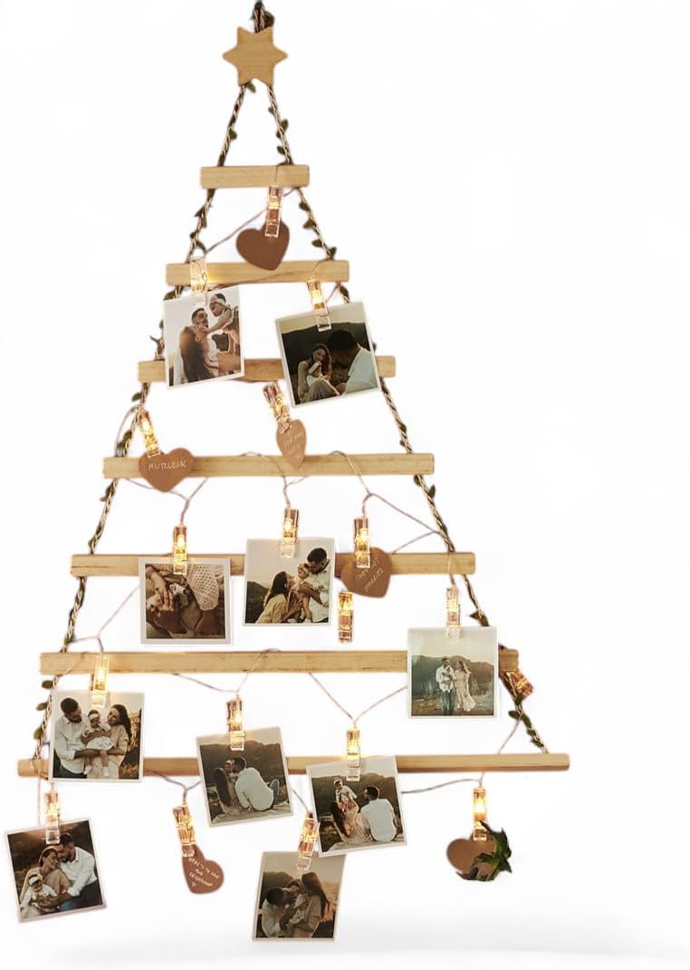 Wooden Christmas Tree Photo Hanger – Natural Handmade Wall Display Frame with Craft Hearts & Lights, Rustic Holiday Wall Decor for Memories – Best Christmas Gift (Tree Only - No Photos)