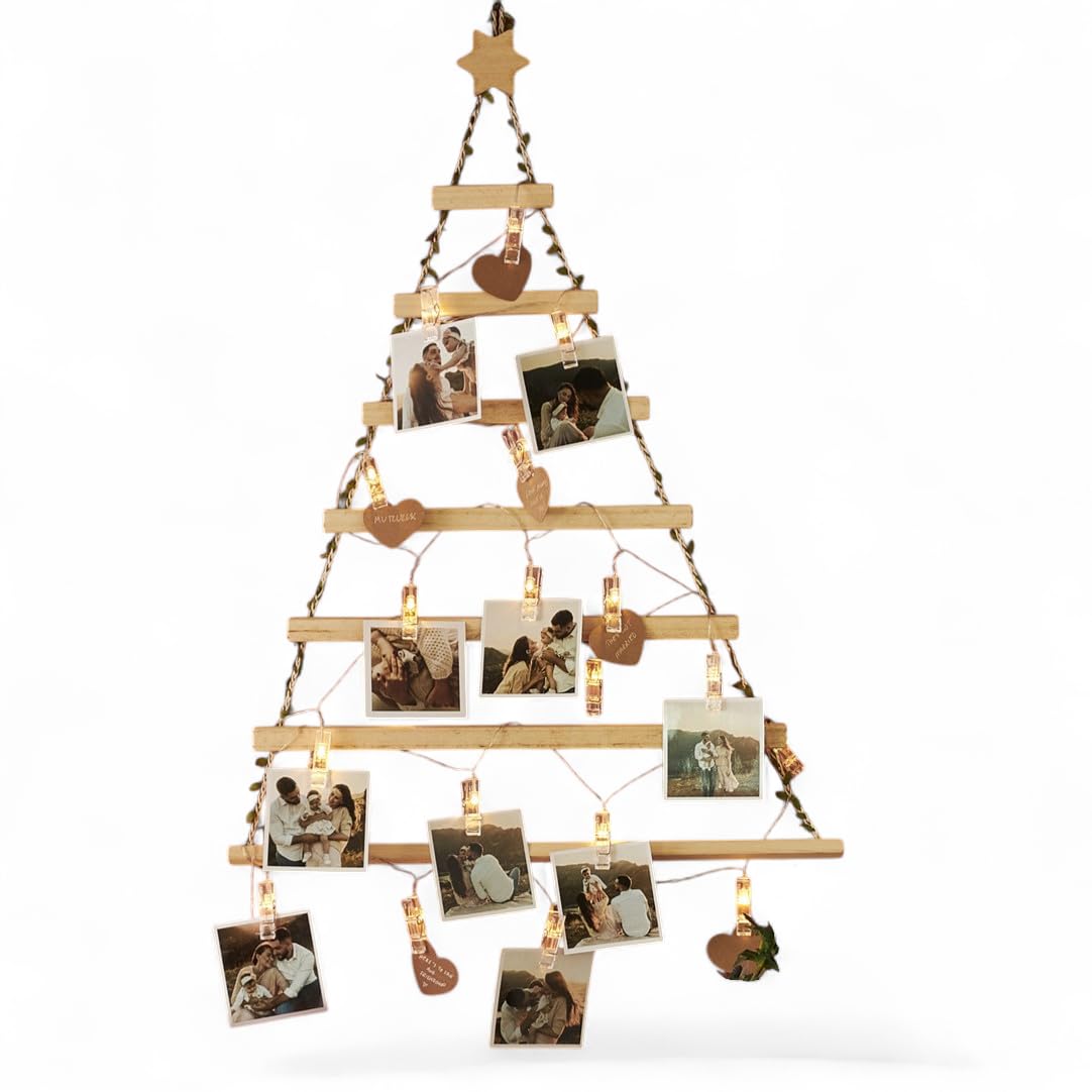Wooden Christmas Tree Photo Hanger – Natural Handmade Wall Display Frame with Craft Hearts & Lights, Rustic Holiday Wall Decor for Memories – Best Christmas Gift (Tree Only - No Photos)