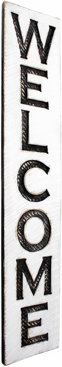 Large Vertical Welcome Sign - Carved Wood Board Rustic Distressed Porch Farmhouse Style Restaurant Cafe Wooden Wall Art Decoration (Available in 3 Sizes: 8" x 40", 10" x 48" and 12" x 60")