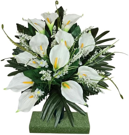 Realistic Artificial Cemetery Flowers - Jumbo Silk Faux Floral Cream Calla Lily Bouquet for Grave with white filler - 1 Large Headstone Decoration - Memorial Flowers