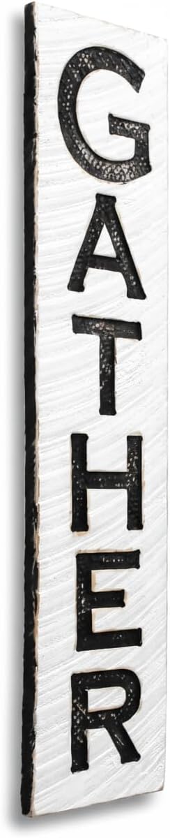 Vertical Gather Wood Sign 10"x40" – Carved Farmhouse Wall Decor – Rustic Entryway & Dining Room Sign – Handmade in North Carolina – Ready to Hang