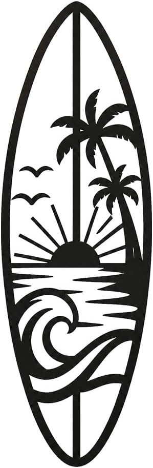 Surfboard Metal Wall Art, Tropical Metal Wall Silhouette, Wall Decor (Black,12 inch)
