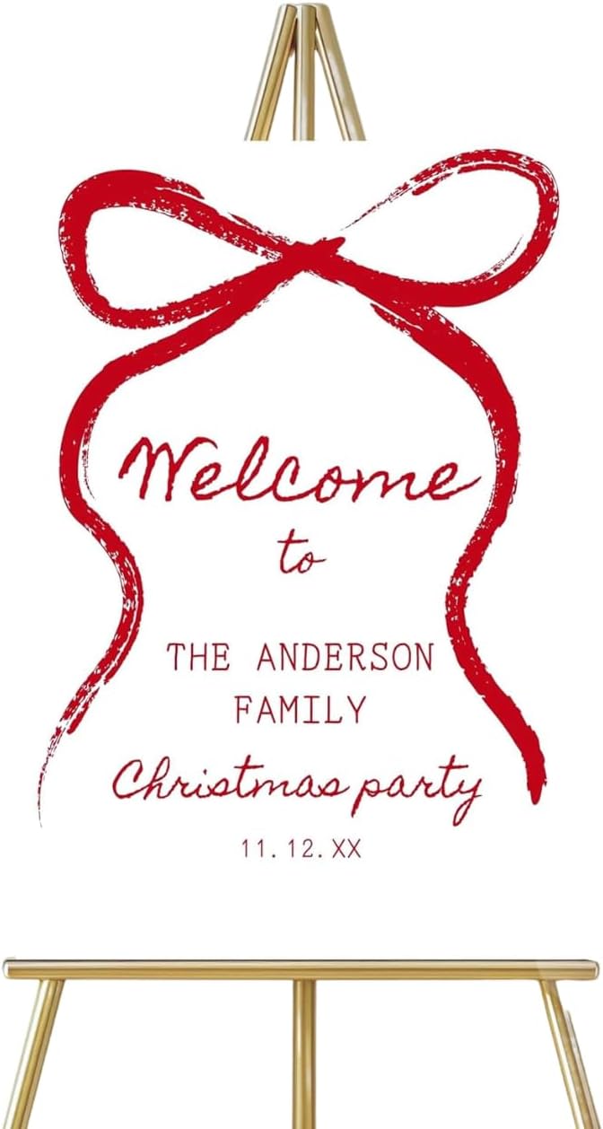 Personalized Christmas Welcome Sign with Red Bow, Elegant Winter Holiday Party Decoration, Custom Festive Event Poster, Seasonal Entrance Display for Celebration, Indoor Outdoor Welcome Board