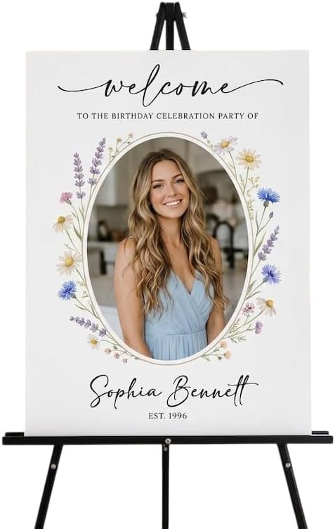 Personalized Photo Birthday Welcome Sign Custom Floral Poster Elegant Wildflower Party Entrance Board Unique Event Decor Customizable Picture Display for Birthday Celebration Girls Boys Adults