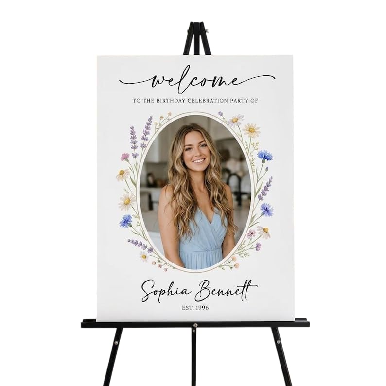 Personalized Photo Birthday Welcome Sign Custom Floral Poster Elegant Wildflower Party Entrance Board Unique Event Decor Customizable Picture Display for Birthday Celebration Girls Boys Adults