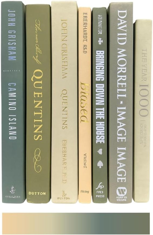 Decor Books Mixed-Color Hardcover Book Set, Shelf Styling and Coffee Table Accent, Interior Design Touch, Home Library Display, Vacation Rental Staging (Muted Green Neutrals, Half Foot)