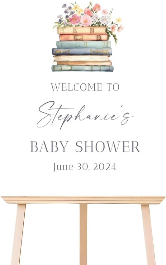 Personalized Storybook Baby Shower Welcome Sign - Custom Floral Book Theme Poster for Little Girl or Boy - Elegant Entrance Party Sign Board Decoration - Event Display for Baby Celebration