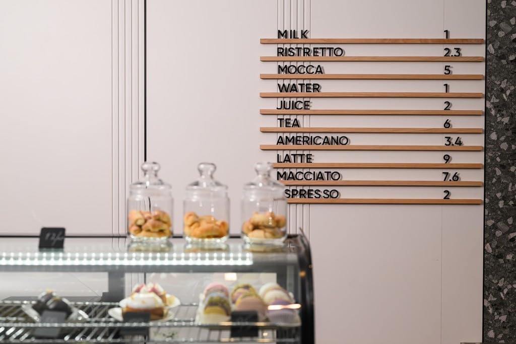 Inko Horeca Wooden Wall Menu Board - 10 Oiled Oak Rails + 400 White Letters - Changeable Letter Shelf Display for Cafe, Restaurant & Home Decor