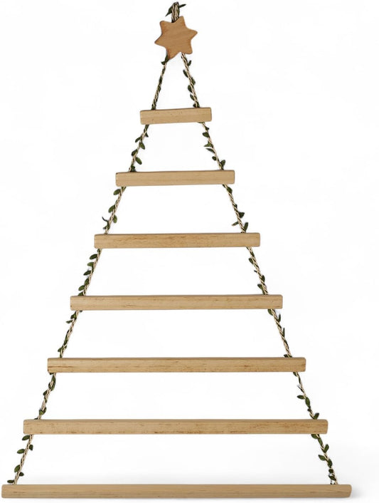 Wooden Christmas Tree Photo Hanger – Natural Handmade Wall Display Frame with Craft Hearts & Lights, Rustic Holiday Wall Decor for Memories – Best Christmas Gift (Tree Only - No Photos)