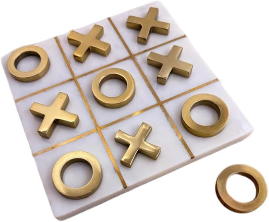 Varenthe HOME Tic Tac Toe Marble Game Board Classic Coffee Table Decor Modern Marble Travel Game for Family, White & Gold