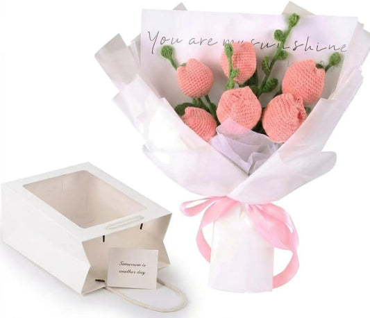 Handmade Crochet Tulip Bouquet – Pollen with Gift Box | Artificial Flowers with 6 hand-knitted flowers, 11-inch trimmable length fits any vase, pollen-free, ready-to-gift packaging.