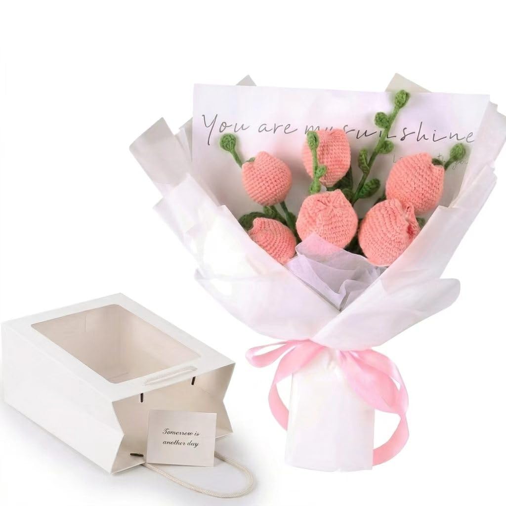 Handmade Crochet Tulip Bouquet – Pollen with Gift Box | Artificial Flowers with 6 hand-knitted flowers, 11-inch trimmable length fits any vase, pollen-free, ready-to-gift packaging.