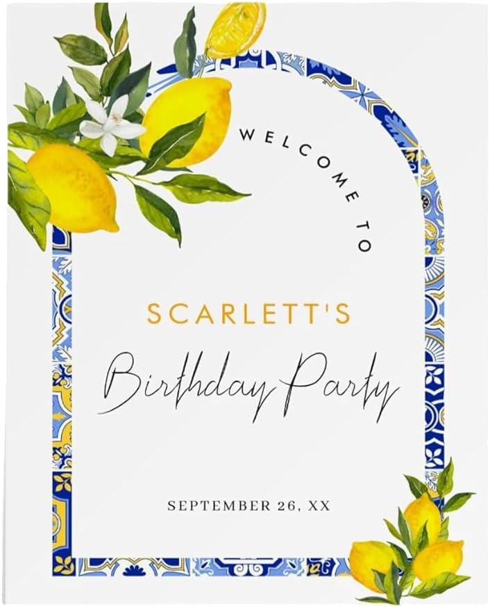 Personalized Lemon Mediterranean Birthday Welcome Sign – Custom Elegant Party Display Board for Women Girls Adults – Summer Printed Decoration for Birthday Celebration Garden Citrus Theme Decor