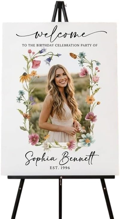 Personalized Photo Birthday Welcome Sign Custom Floral Poster Elegant Wildflower Party Entrance Board Unique Event Decor Customizable Picture Display for Birthday Celebration Girls Boys Adults