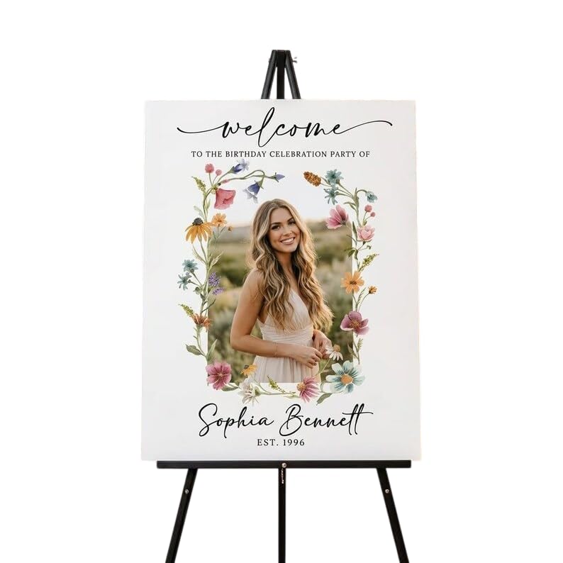 Personalized Photo Birthday Welcome Sign Custom Floral Poster Elegant Wildflower Party Entrance Board Unique Event Decor Customizable Picture Display for Birthday Celebration Girls Boys Adults